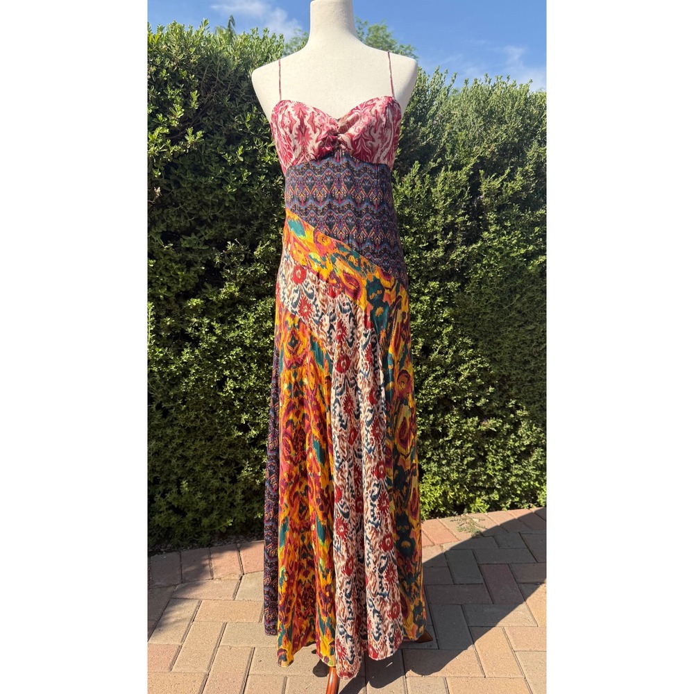 Free People Holiday Hero Mixed Print Satin Patchwork Cami Maxi Dress Size 8